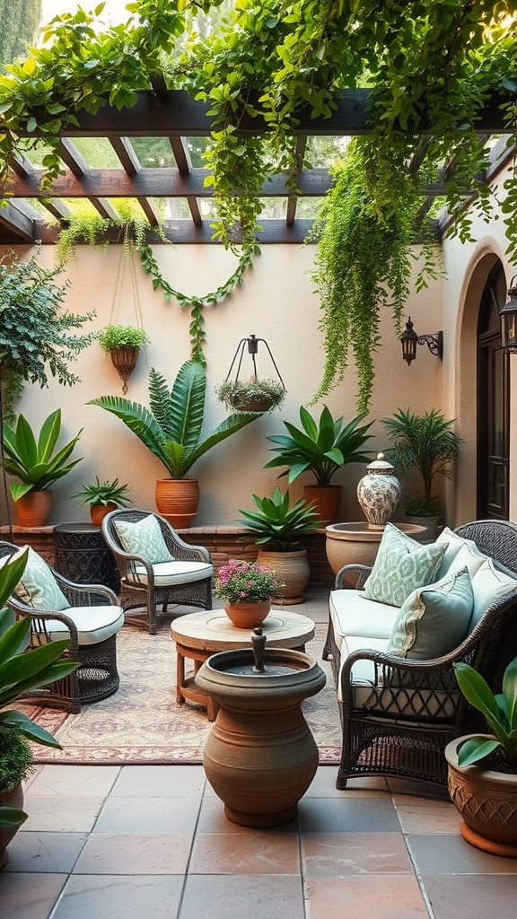 A cozy Mediterranean-inspired garden with comfortable seating, lush plants, and warm tones.