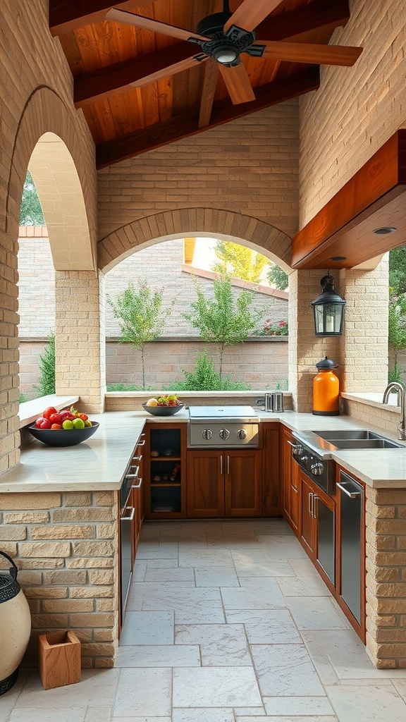 Mediterranean-style outdoor kitchen with stone and wood elements.