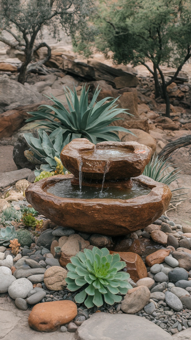 A rustic stone fountain surrounded by succulents and river rocks, showcasing natural beauty in a garden