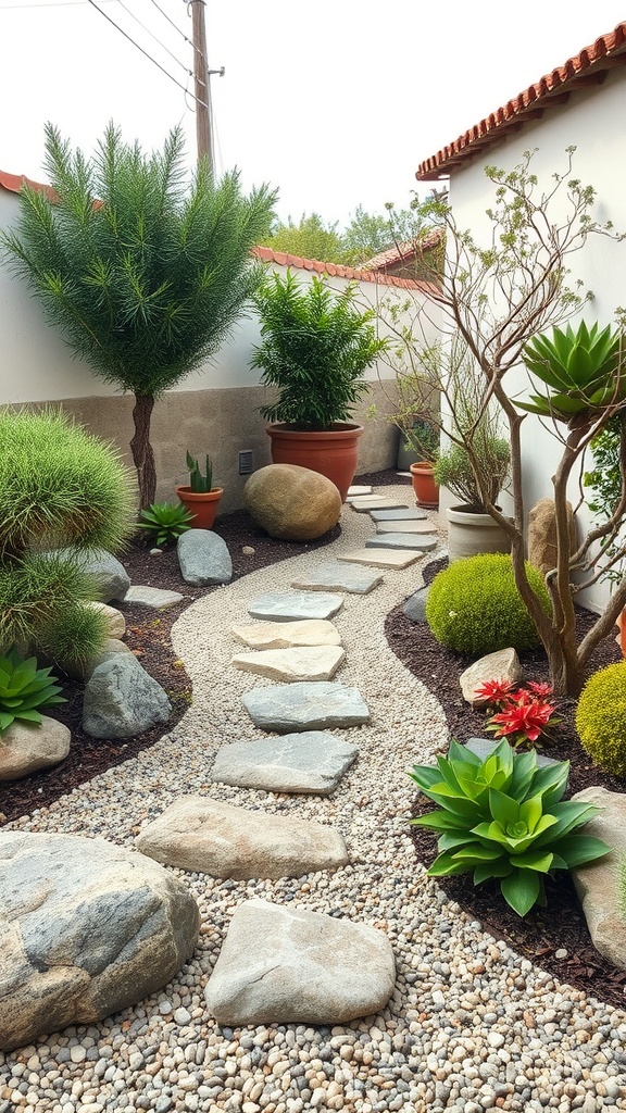 A serene Zen garden with stones, pebbles, and various plants, reflecting Mediterranean influence.