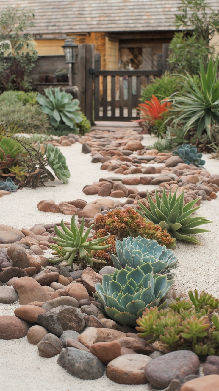 A garden path made of river rocks and surrounded by various succulents.