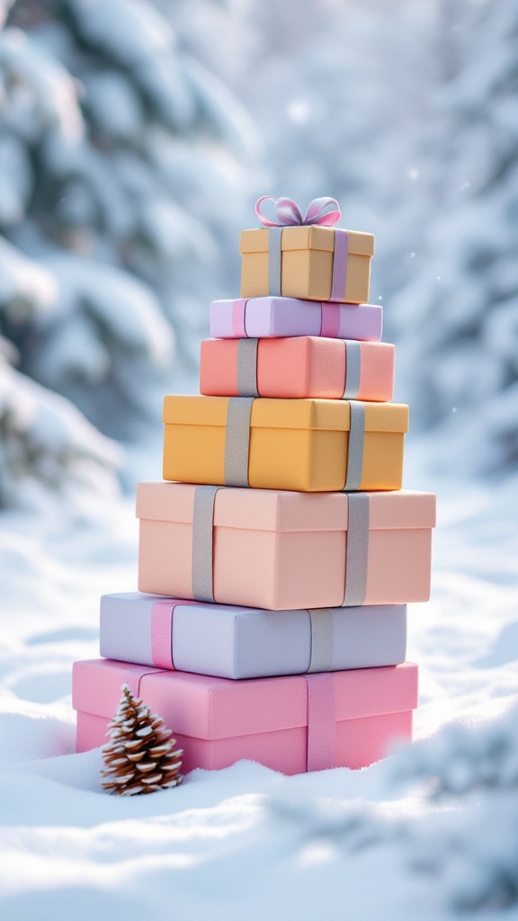 A stack of colorful wrapped gift boxes in the snow with a pine cone beside them.