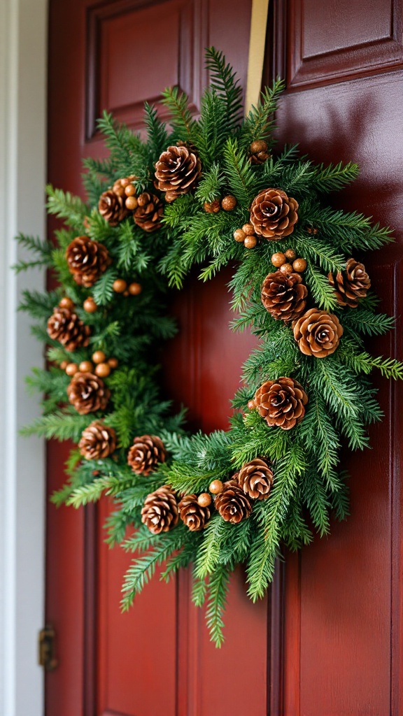 A beautiful Christmas wreath made with pinecones and greenery, hanging on a red door.