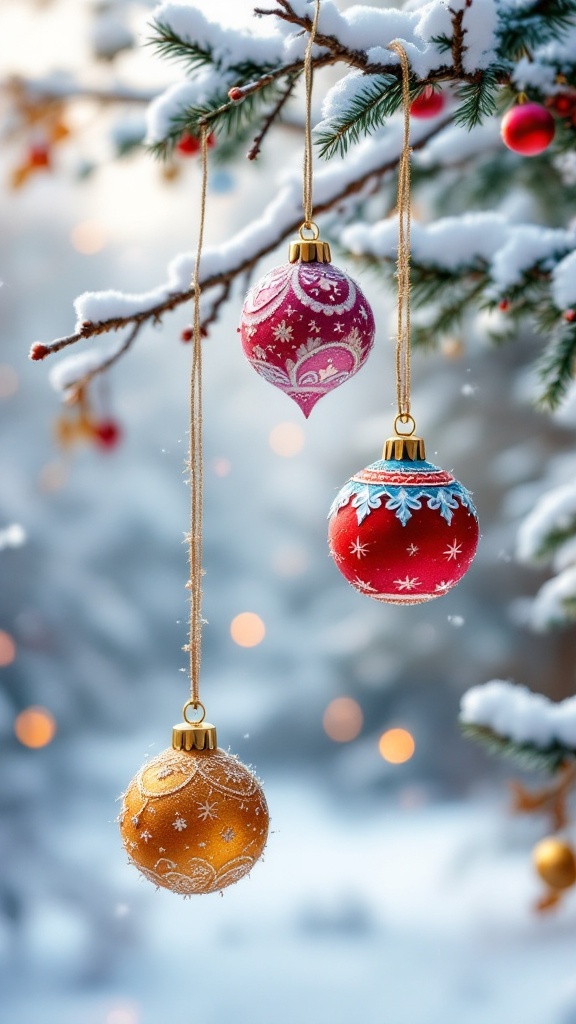 Colorful felt Christmas ornaments hanging on a snowy tree branch