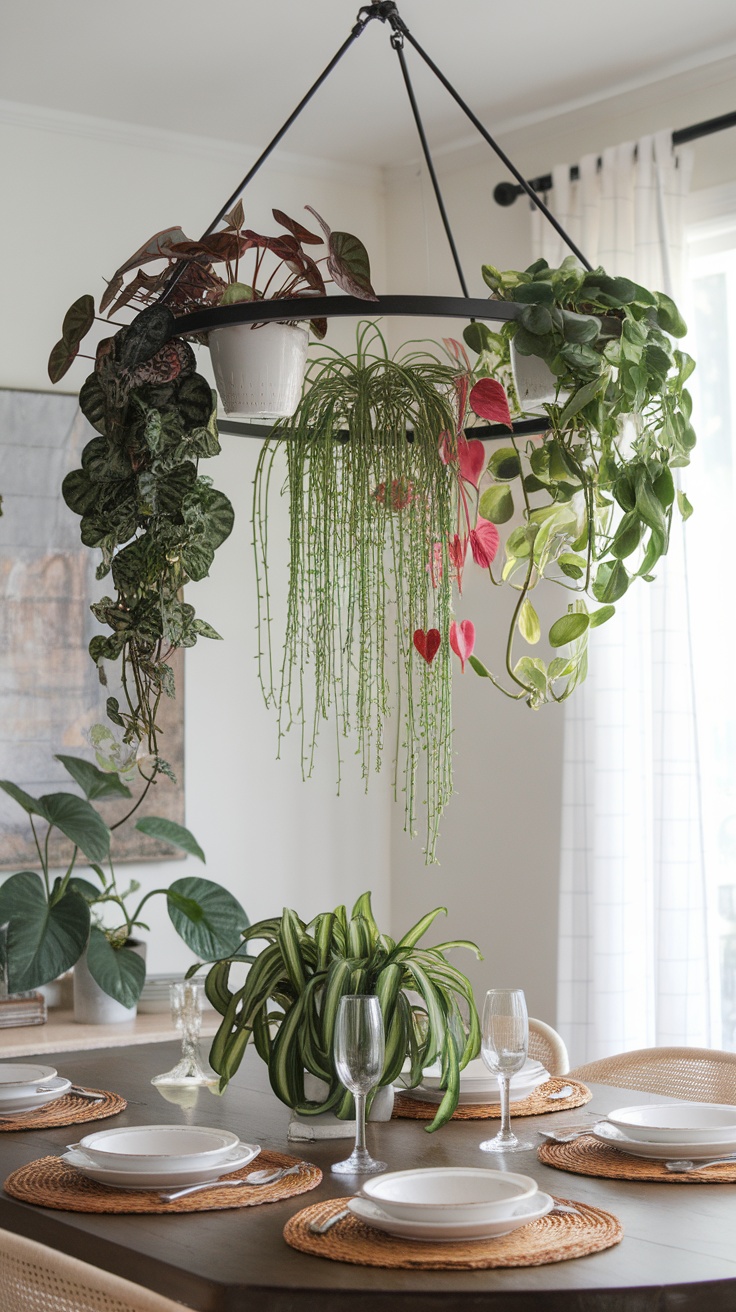 A beautiful DIY hanging plant chandelier with various plants suspended from a circular frame above a dining table