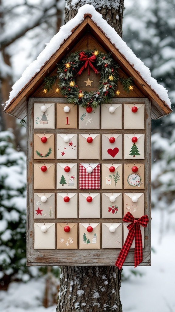 A beautifully decorated outdoor advent calendar attached to a tree, featuring numbered boxes and holiday-themed designs.