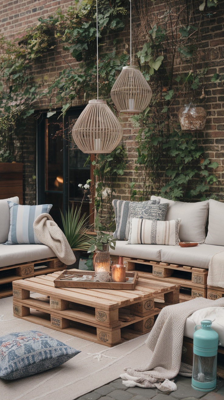 Chic backyard patio with DIY pallet furniture and decorative elements.