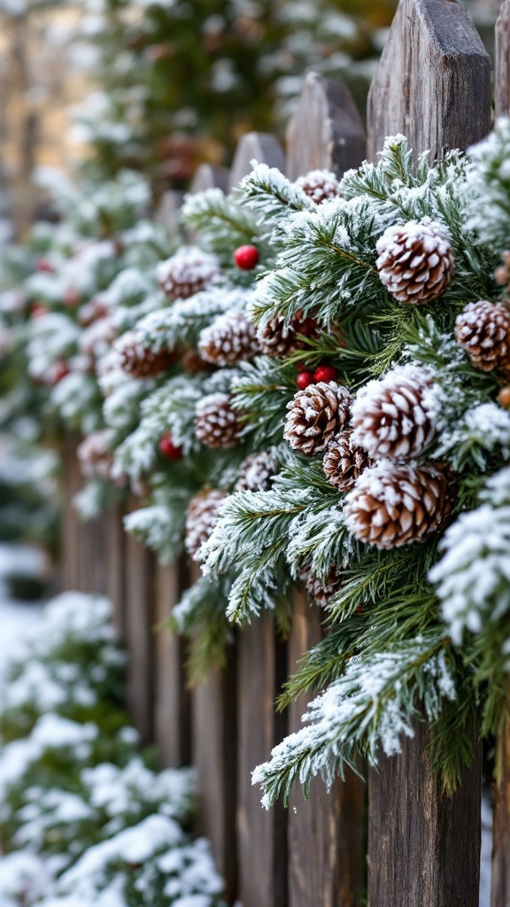 A snowy pine cone garland draped over a wooden fence, decorated with red berries.