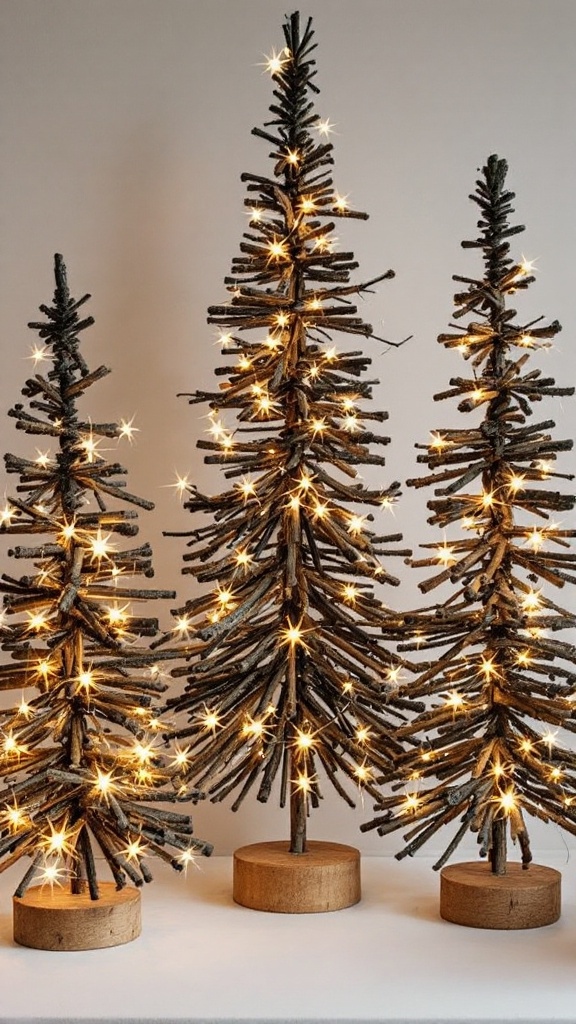 Three twig Christmas trees with fairy lights