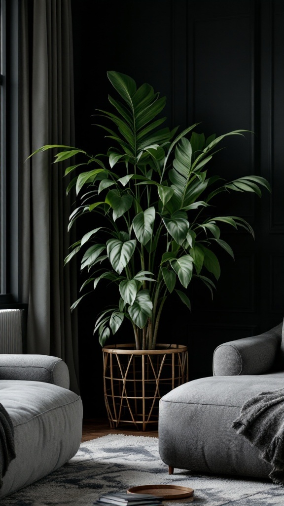 A tall Dracaena plant in a stylish pot, enhancing a dark living space.