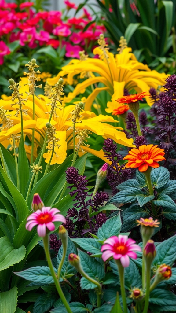 A colorful cottage garden featuring yellow, purple, and pink flowers.