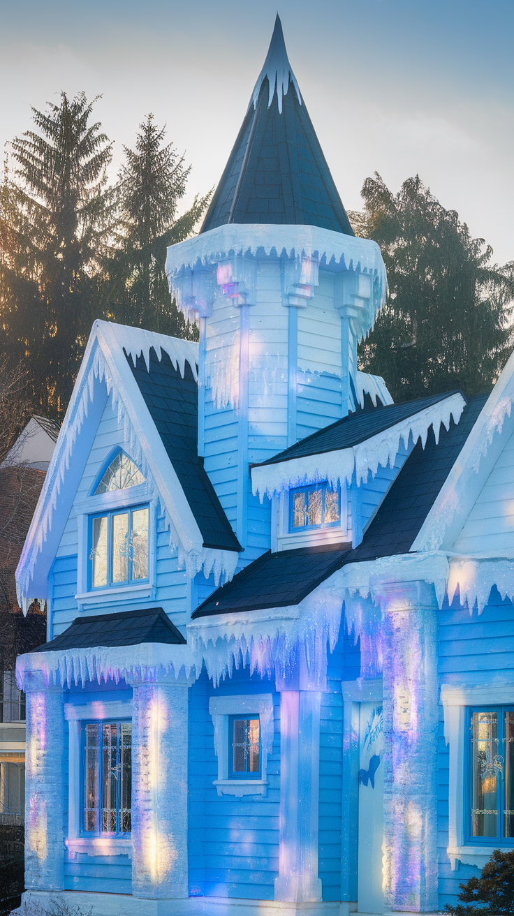 A beautiful ice castle with blue walls and icicles, featuring a pointed roof and glowing decorations.