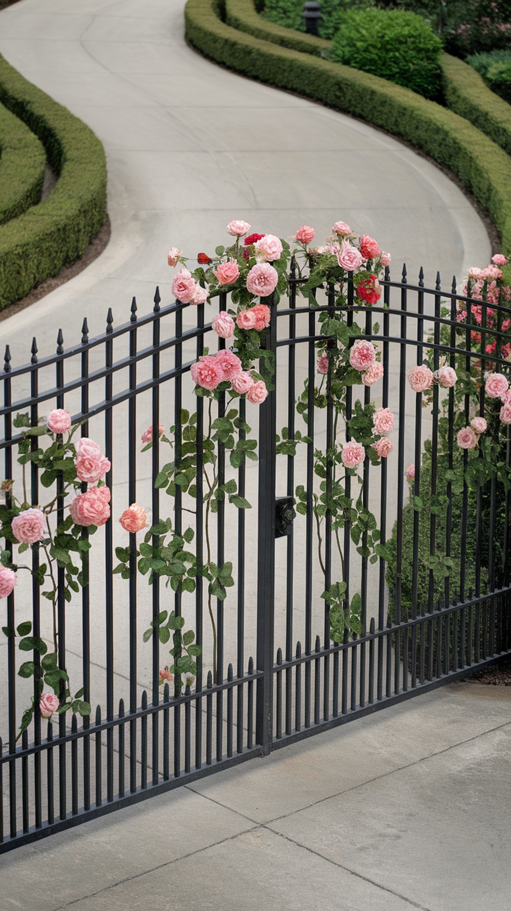 A modern driveway gate with climbing roses in full bloom, leading to a curved driveway with manicured hedges.