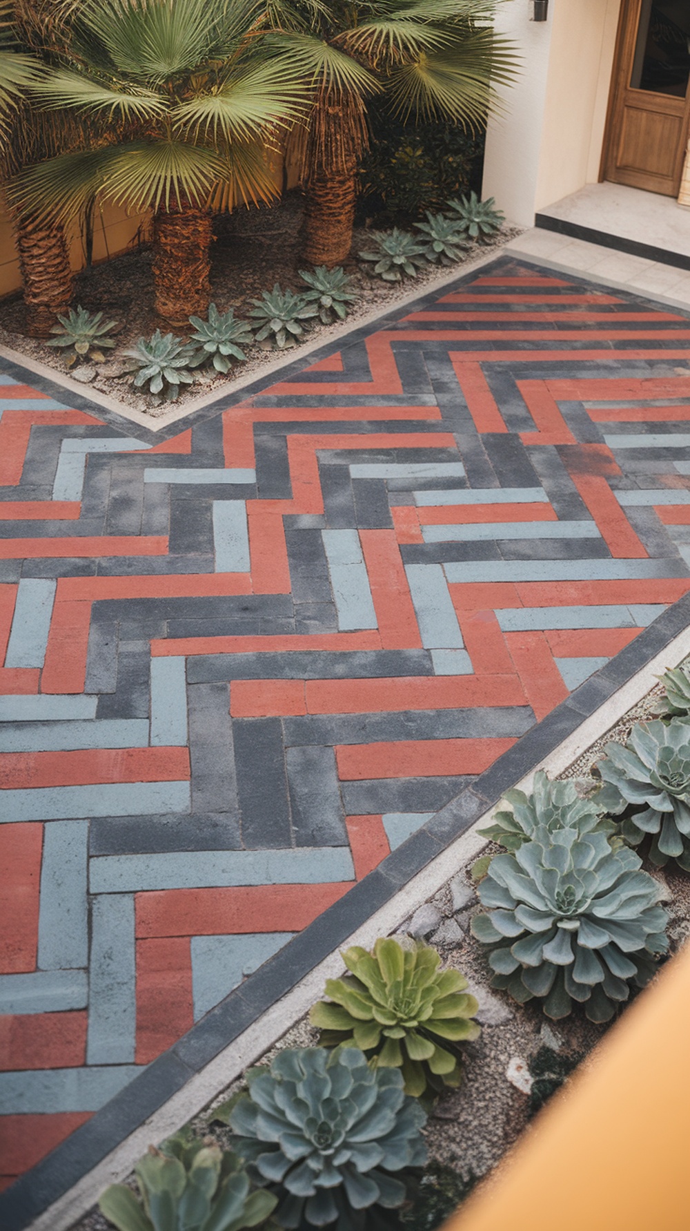 Bold colored concrete tiles in a herringbone pattern with surrounding succulents and palm trees