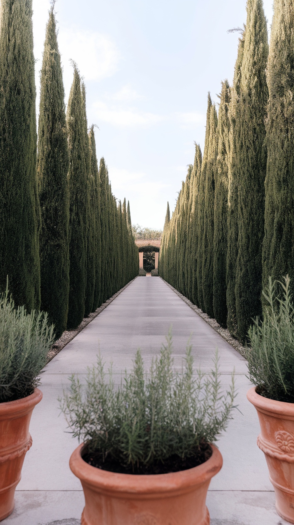 Driveway lined with tall cypress trees and planters with herbs