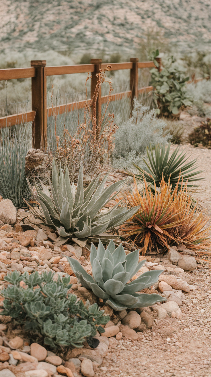 A drought-resistant landscape featuring various succulents and a wooden fence in the background.