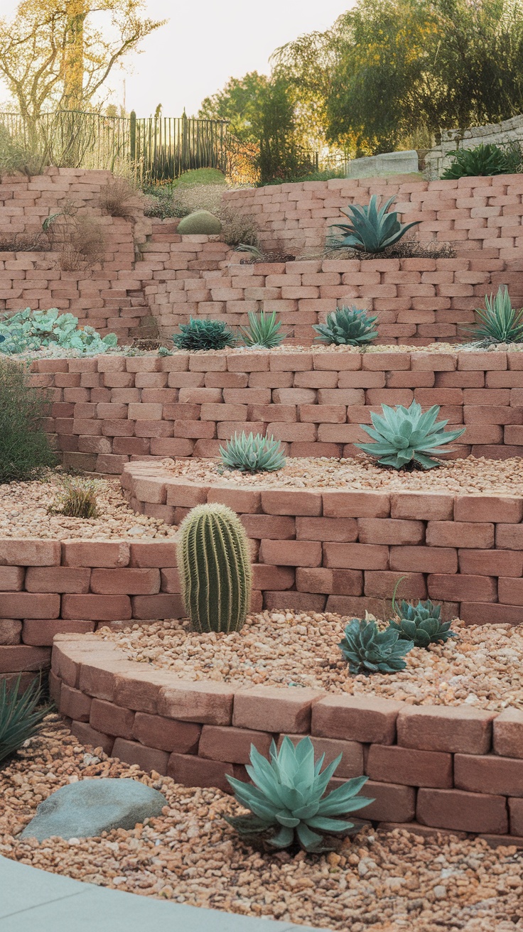 A sloped landscape design featuring terraced levels, stone blocks, and drought-tolerant plants like succulents and cacti.