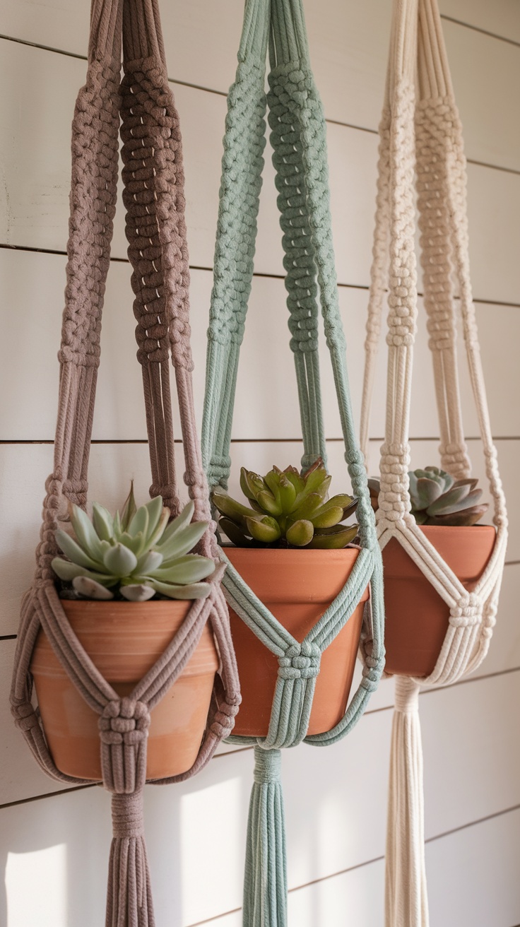 Three macrame plant hangers with succulents in terracotta pots, displayed on a wooden wall.