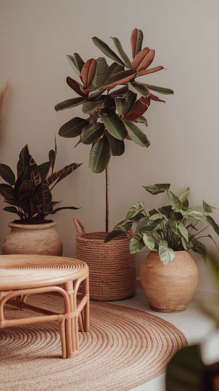 Indoor plants in earthy pots arranged in a cozy living room setting.