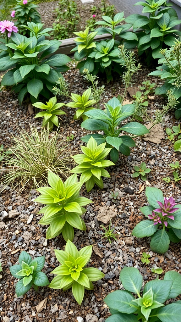 A variety of low-maintenance plants in a cottage garden setting.