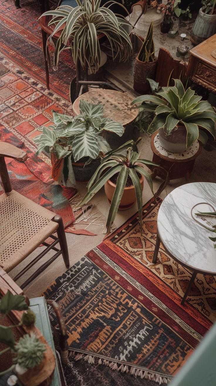 A cozy eclectic living room featuring various plants, colorful rugs, and a marble coffee table.