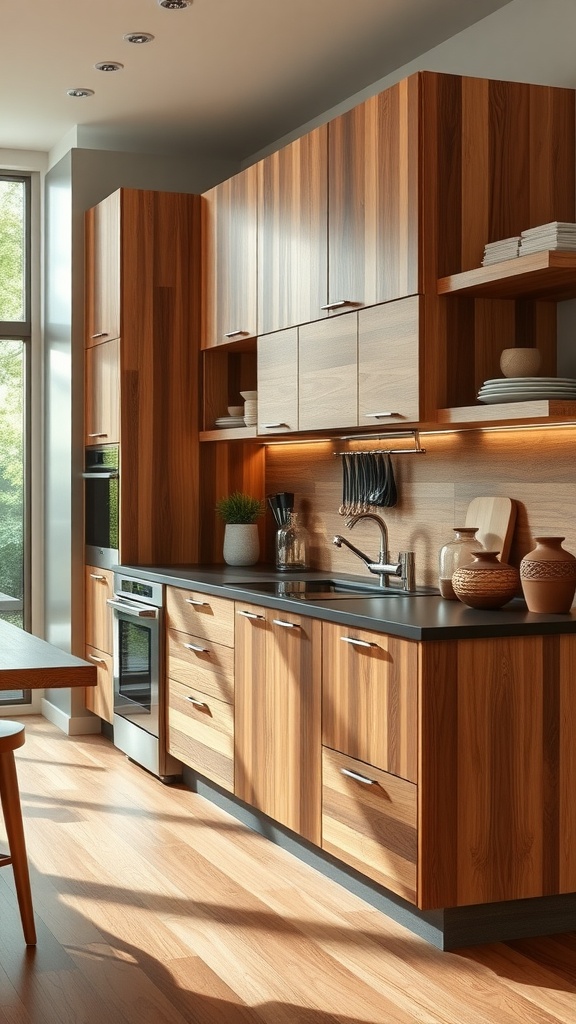 Modern kitchen featuring a mix of wood cabinetry with sleek countertops and natural light.