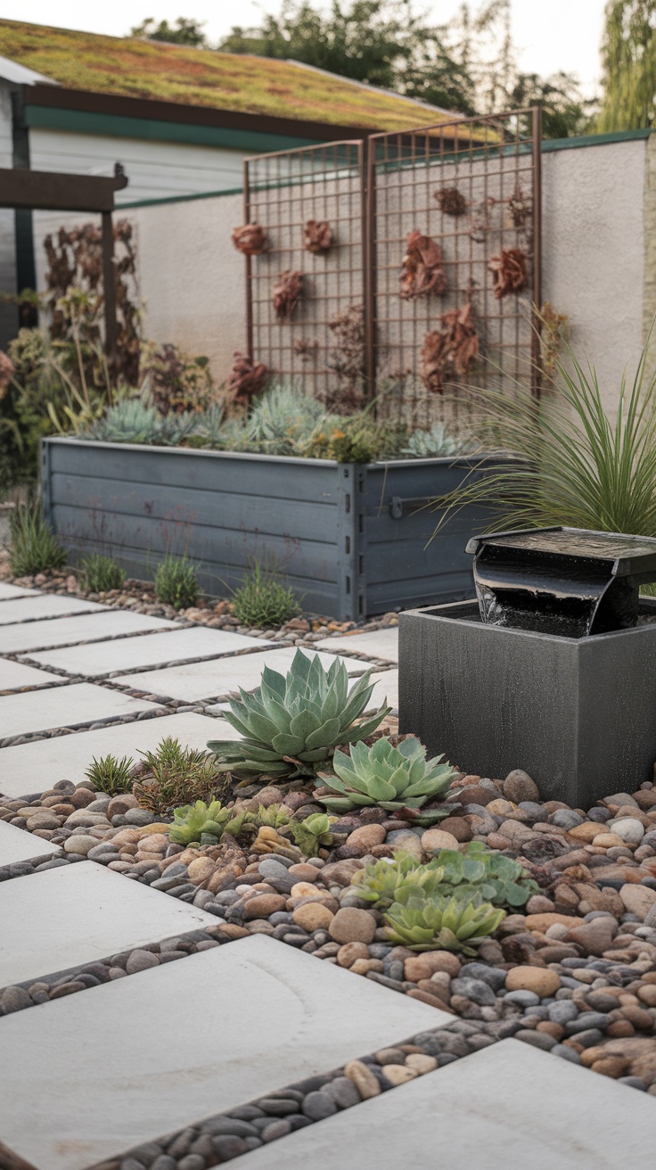 A modern eco-friendly front yard featuring drought-tolerant plants, concrete slabs, decorative stones, and a small water feature.