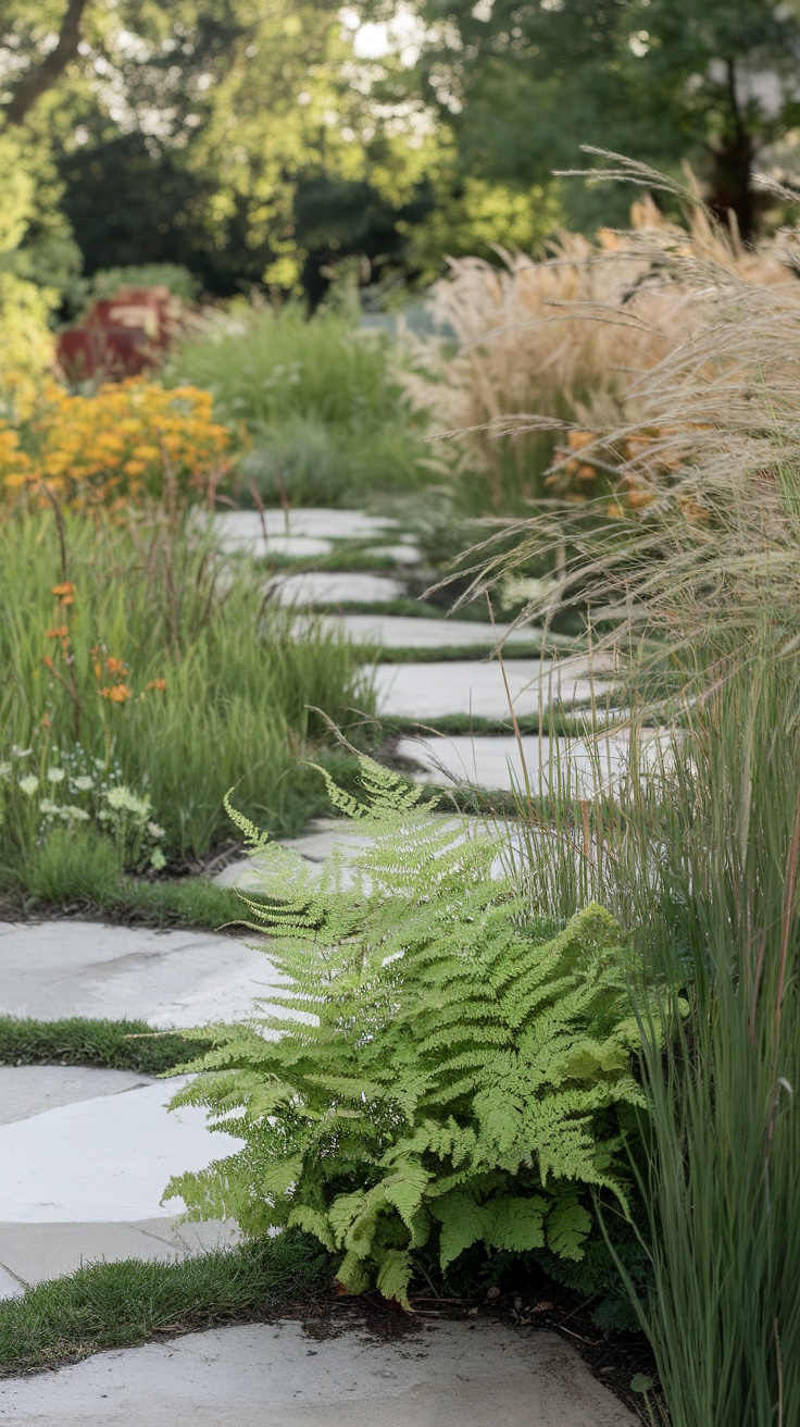 A path made of stepping stones through a lush garden featuring various grasses and wildflowers.