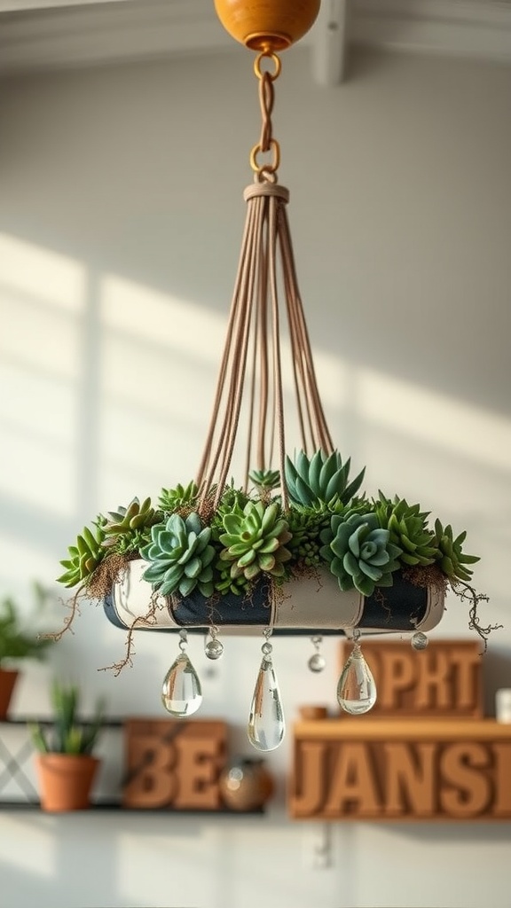 Eco-friendly succulent chandelier with various succulents and hanging crystal drops.