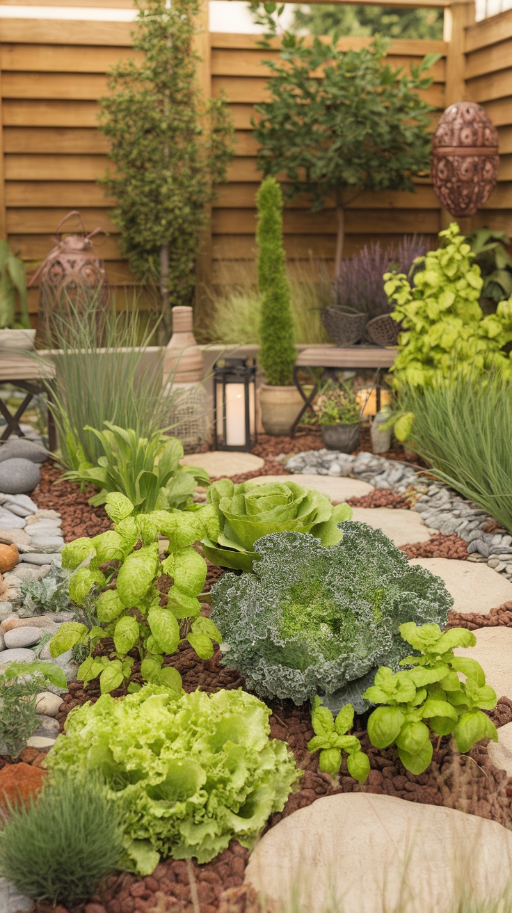 A small garden with edible plants like lettuce, kale, and herbs surrounded by decorative stones and lanterns.