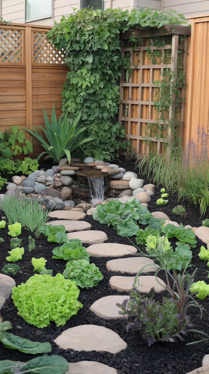 A lush garden with various types of lettuce, a stone pathway, and a small waterfall.