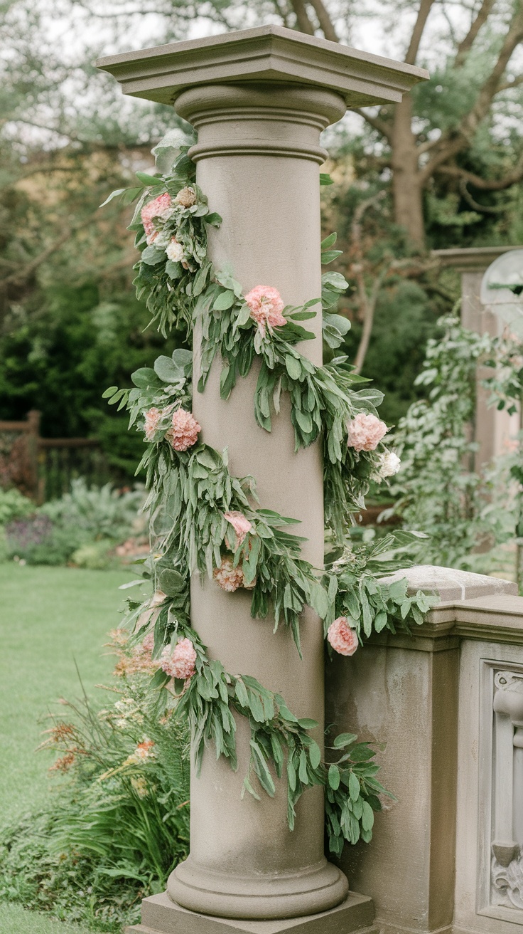 A stone garden pillar adorned with lush greenery and pink flowers.