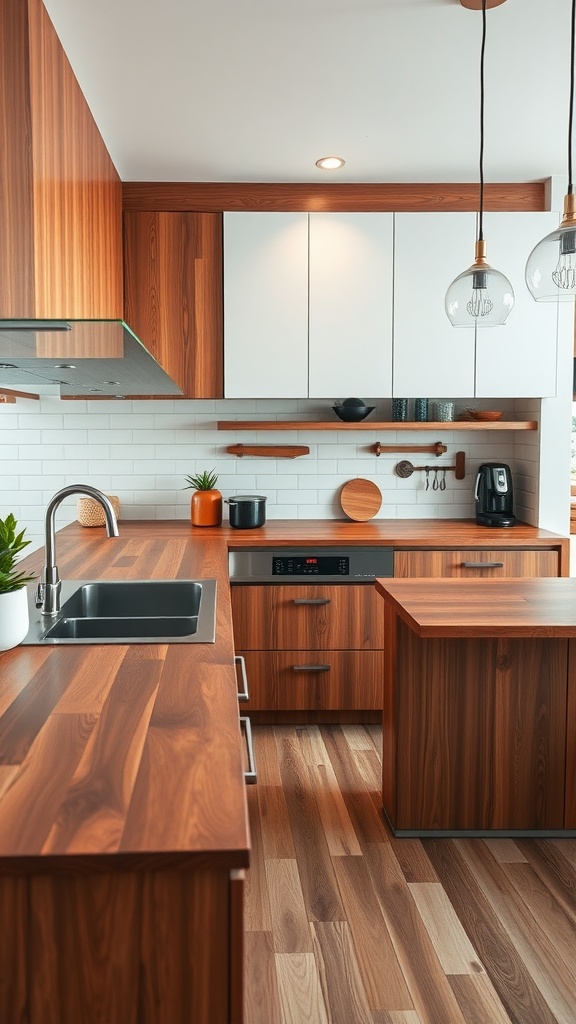 A stylish kitchen featuring warm wood countertops, modern appliances, and sleek cabinetry.