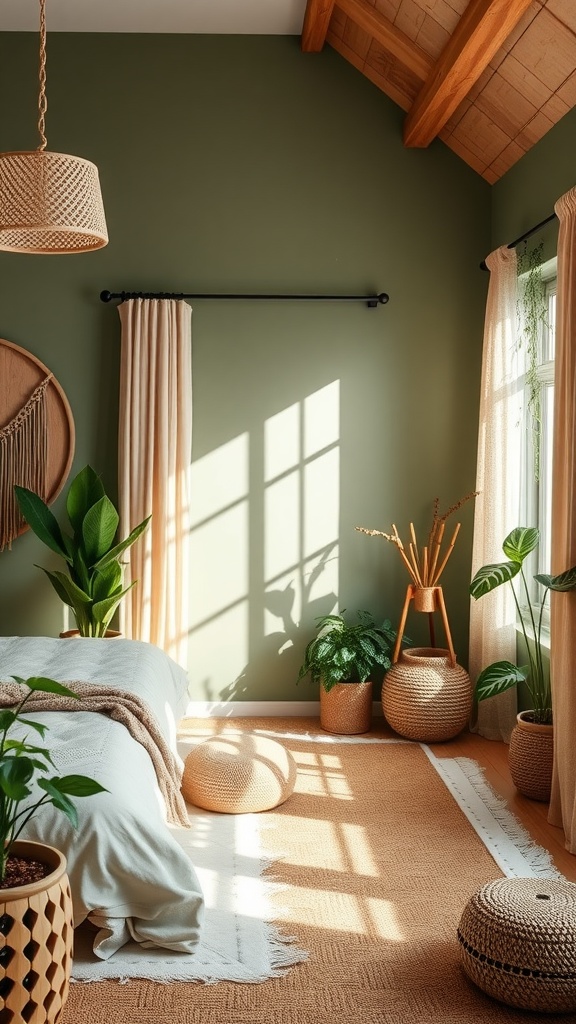 A cozy boho bedroom with sage green walls, natural plants, and earthy tones.