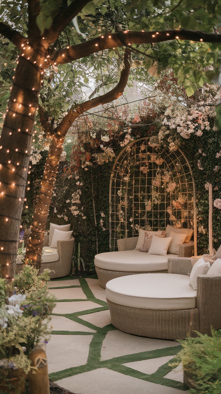 Cozy outdoor patio with soft seating, floral decorations, and fairy lights.