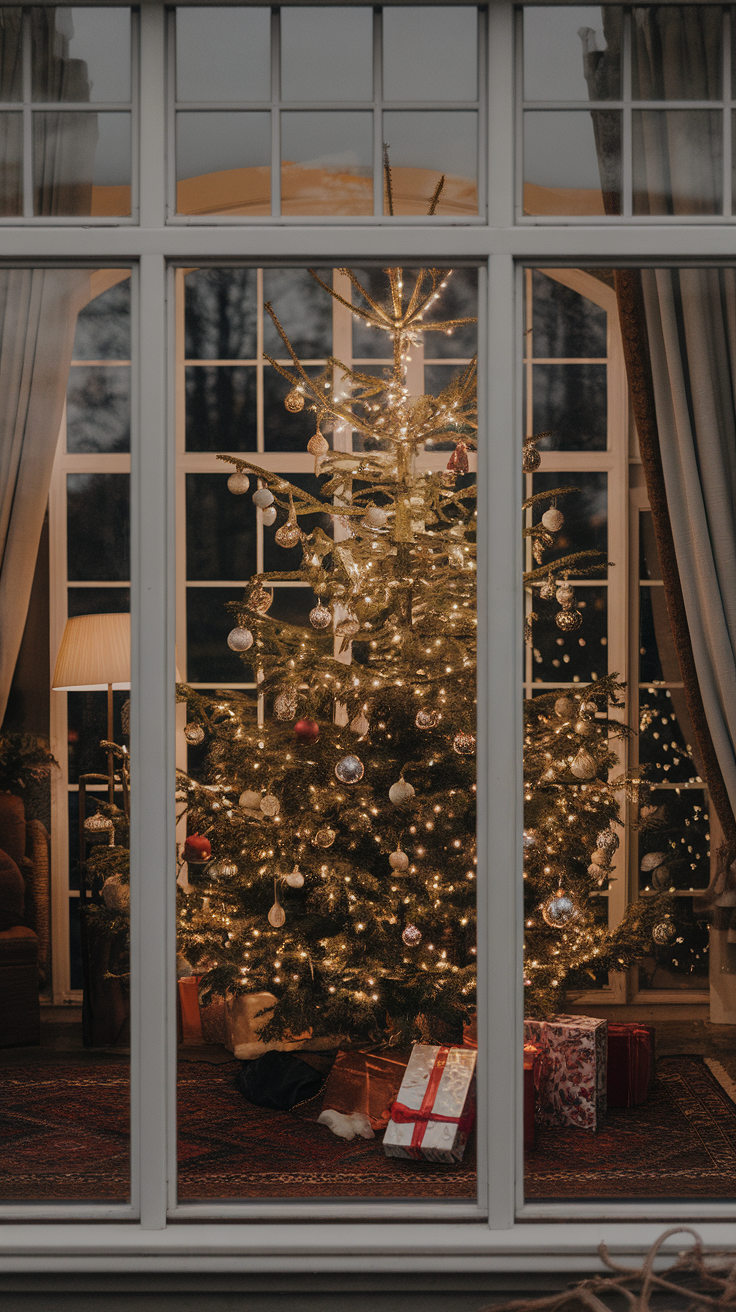 A beautifully decorated Christmas tree with warm lights and presents underneath, viewed through a window.