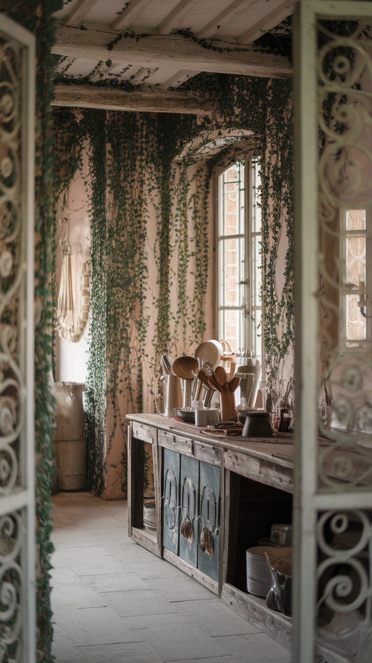 A rustic kitchen space filled with greenery and traditional cooking utensils.