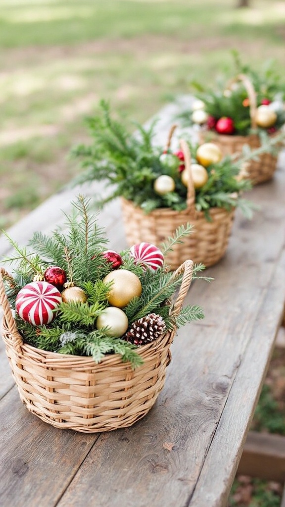 Three decorative baskets filled with evergreen branches, ornaments, and pinecones on a rustic wooden table.