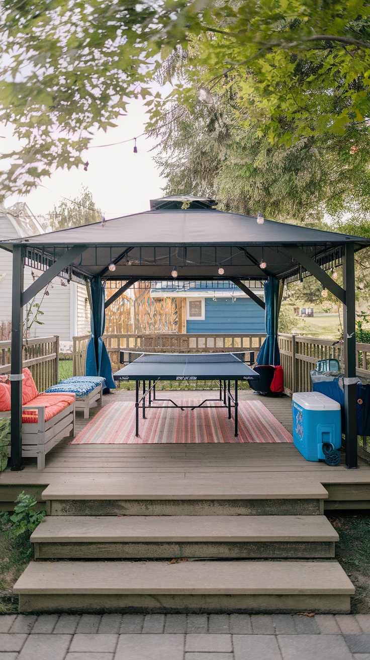 A cozy backyard gazebo designed for family game nights, featuring a ping pong table and colorful seating.