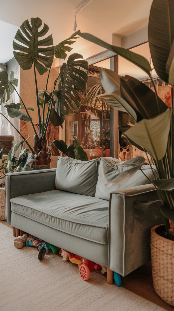 Cozy living room with large leafy plants and a soft couch.