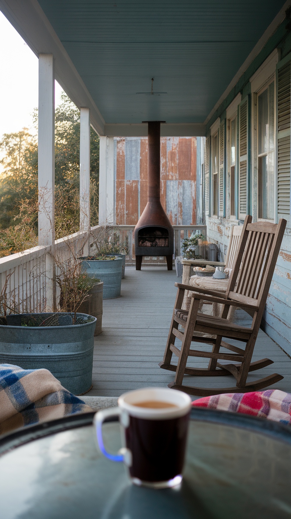 Cozy farmhouse front porch with a rustic fireplace and rocking chairs