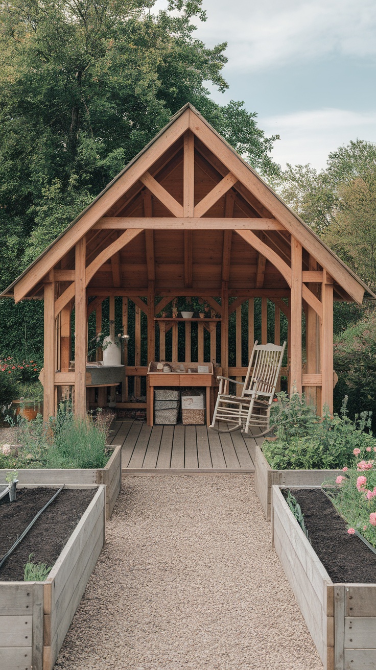 A wooden farmhouse garden shelter with a rocking chair and raised garden beds.