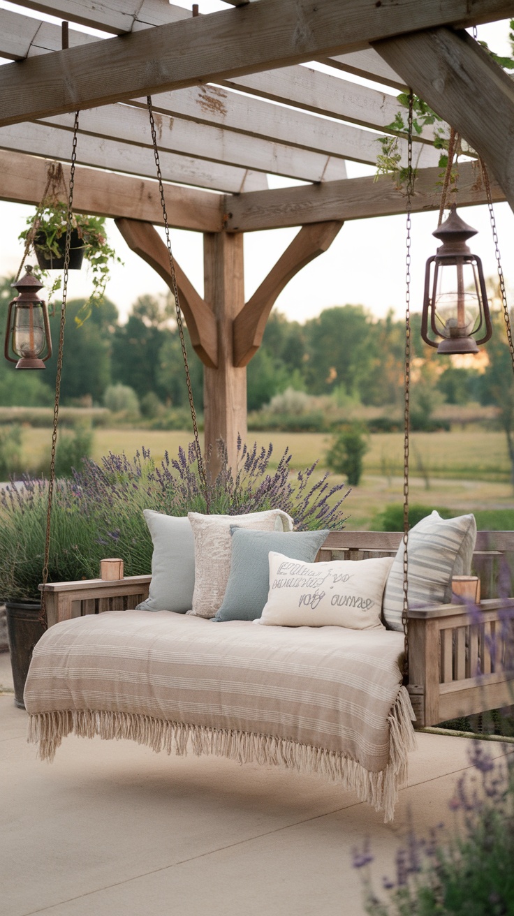 Farmhouse pergola with a hanging bed surrounded by lavender plants and lanterns.