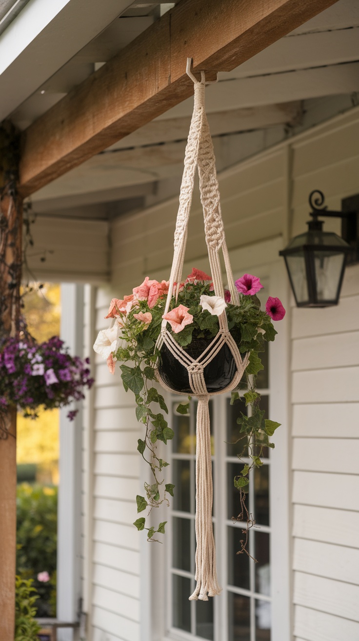 A macrame plant hanger with vibrant flowers hanging on a farmhouse porch.