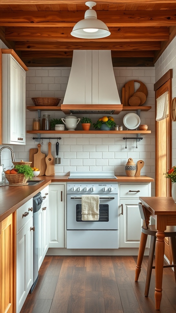 A warm, inviting farmhouse kitchen featuring wooden details, open shelves, and cozy decor.