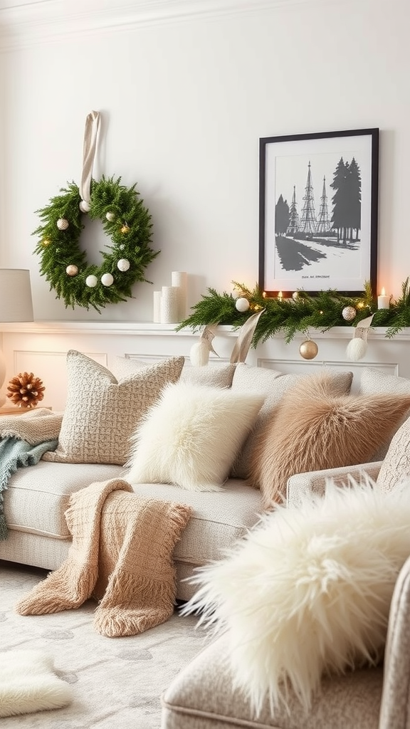 Cozy living room with faux fur pillows and knitted throws on a beige couch, decorated for the holidays.