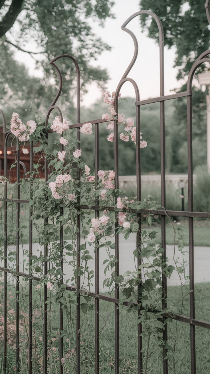 A decorative trellis with pink flowers climbing on it.