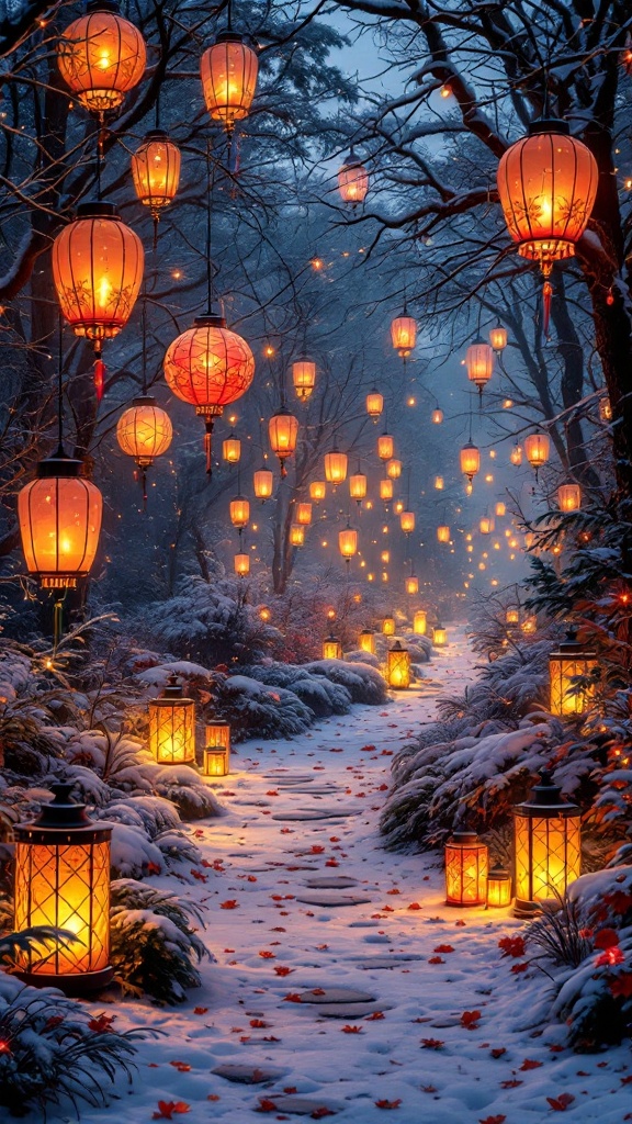 A winter scene with glowing lanterns hanging from trees and lining a snowy path.