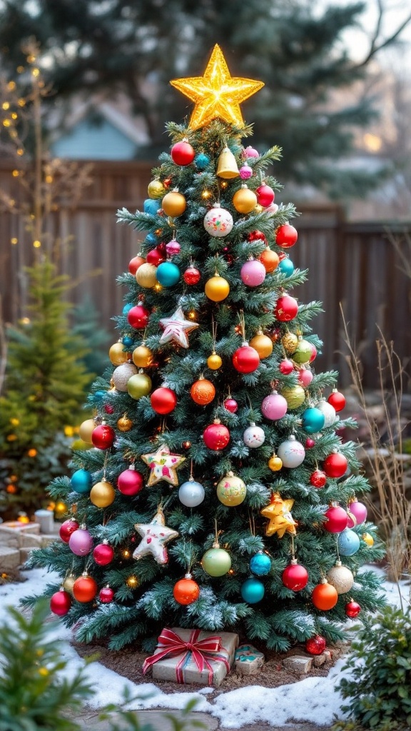 A vibrant outdoor Christmas tree decorated with colorful ornaments and a star on top, surrounded by snow and gifts.