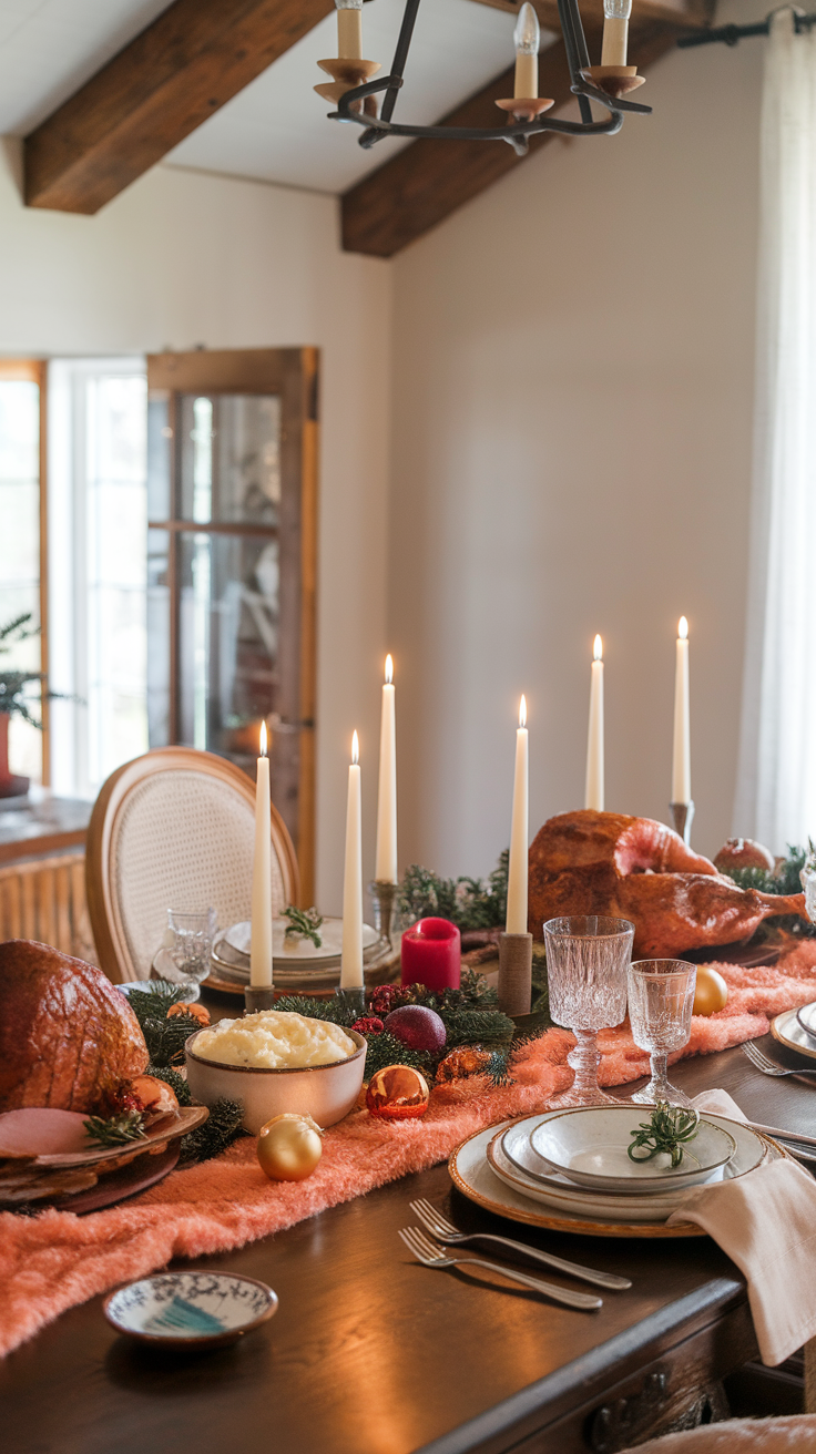 A beautifully set dining table with a peach fuzz table runner, featuring holiday dishes and candles.